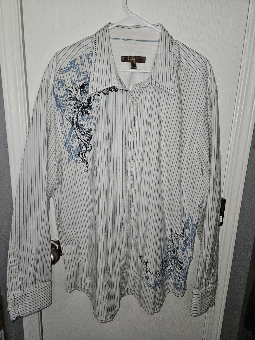 Men's White and Light Blue Striped Dress Shirt with Blue Flourish Print